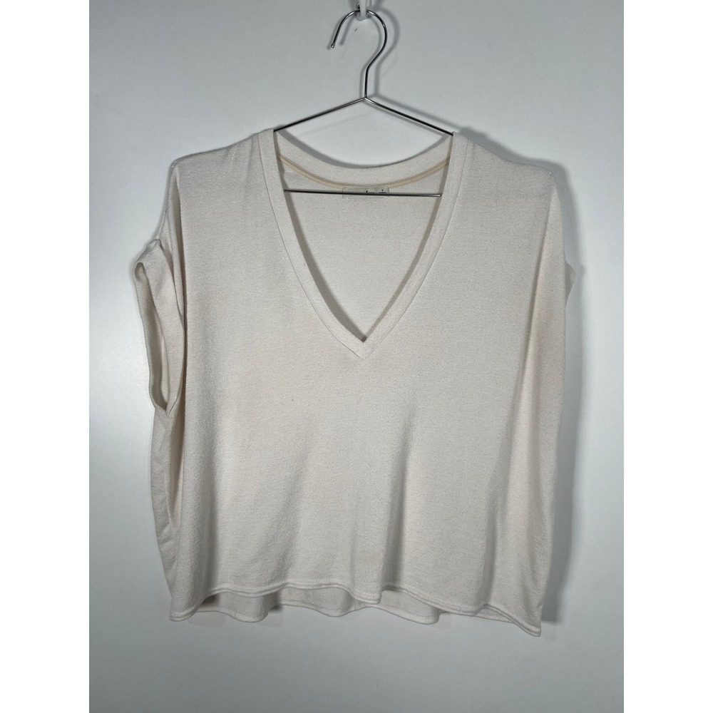 Wilfred Free Aritzia White Solid V-Neck Cap Sleeve Boxy Knit Top Minimalist S